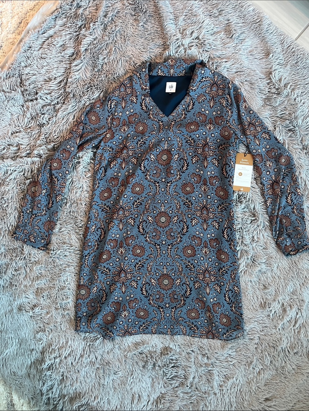 CAbi Provincial Printed V-Neck Long Sleeve Dress in Blue and Brown NWT